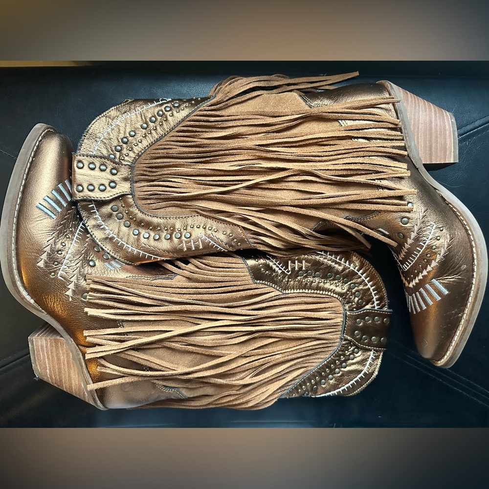 Gypsy Studded Fringe Metallic Snip Toe Cowboy Boots